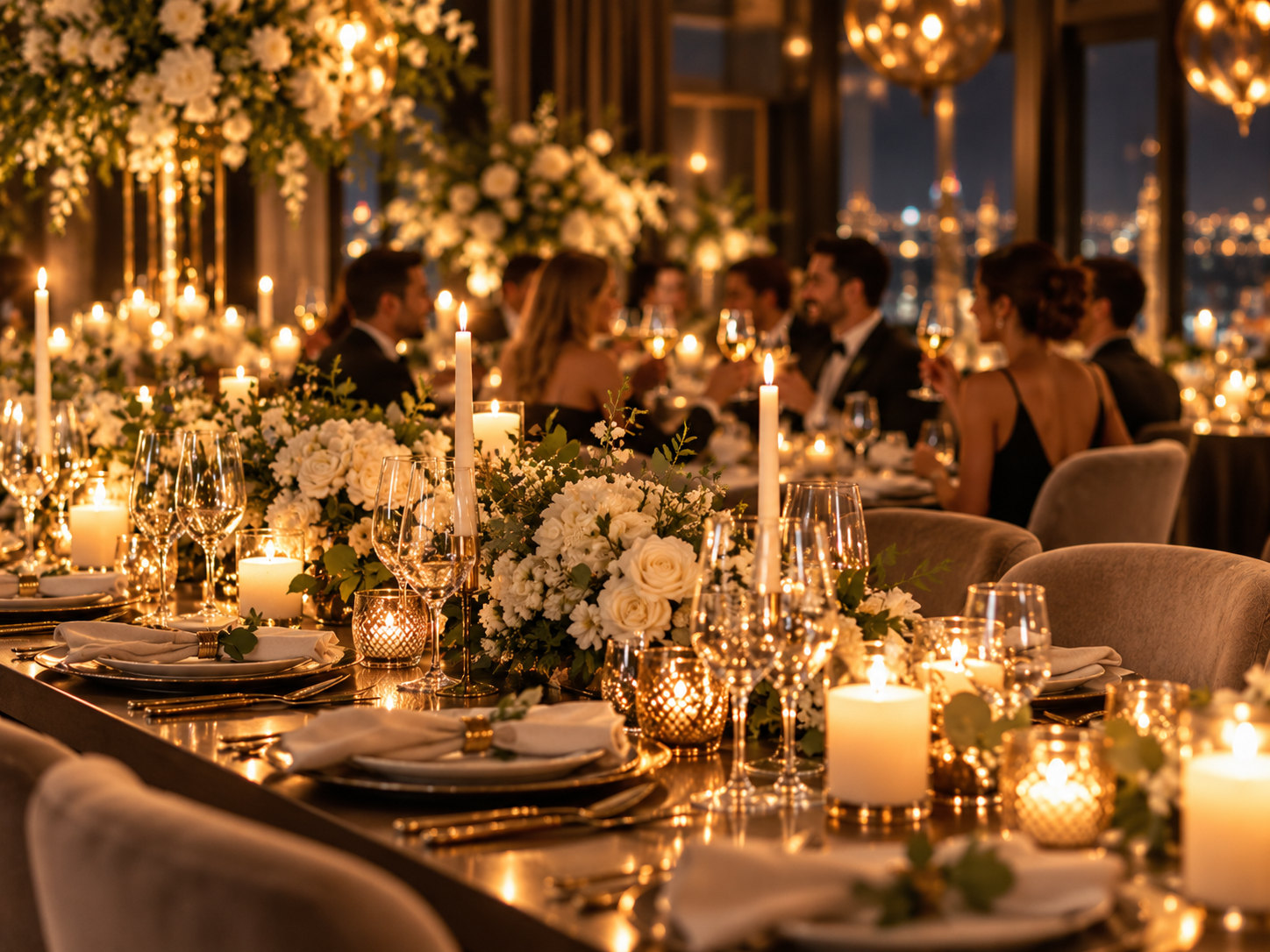 Festlich gedeckte Tafel mit Kerzen, weißen Blumen und Gläsern