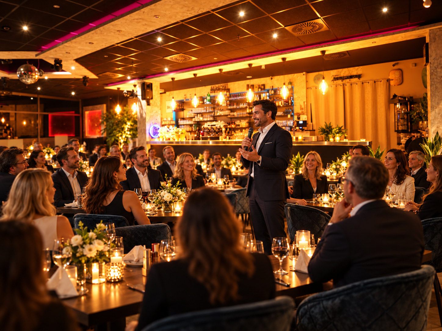 Redner bei einer Firmenveranstaltung vor Gästen im Restaurant