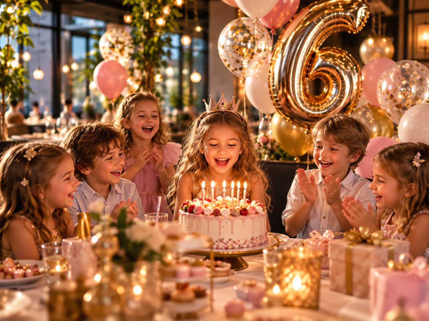 Kinder feiern Geburtstag mit Kuchen, Kerzen und Ballons