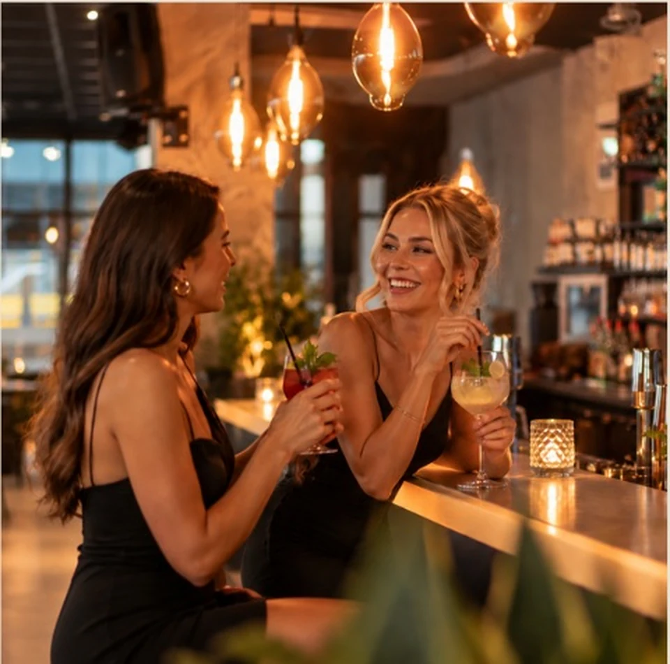 Gäste mit Cocktails an der beleuchteten Bar