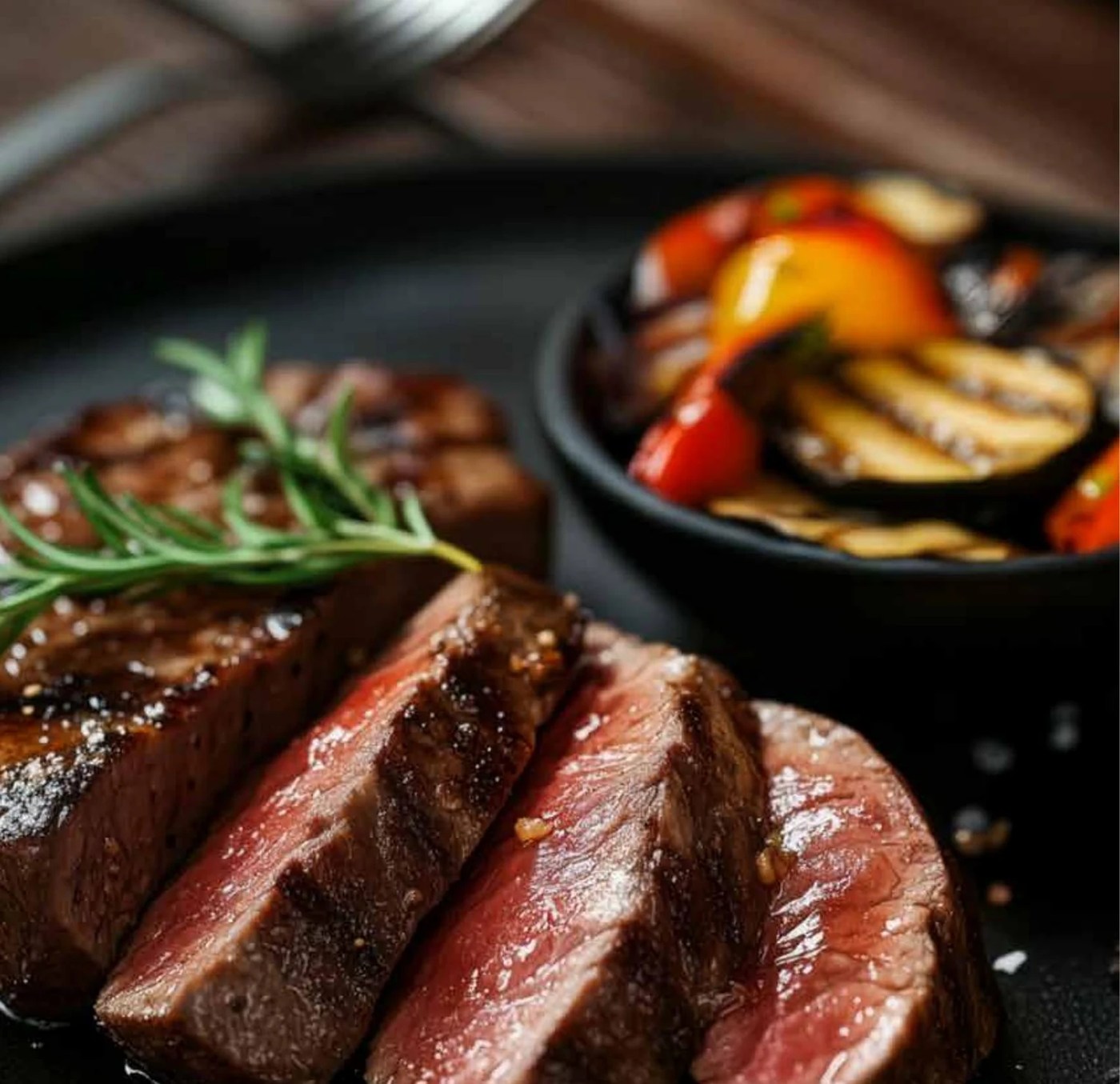 Saftig gegrilltes, aufgeschnittenes Steak mit Rosmarin und Gemüse